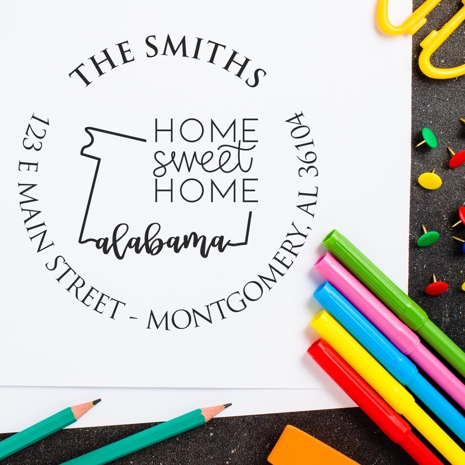Alabama Home Sweet Home Round Self-Inking Custom Address Stamp, Alabama Self-Inking Stamp, Available in 11 Ink Colors, Circular Stamp, Size 1-5/8" Diameter
