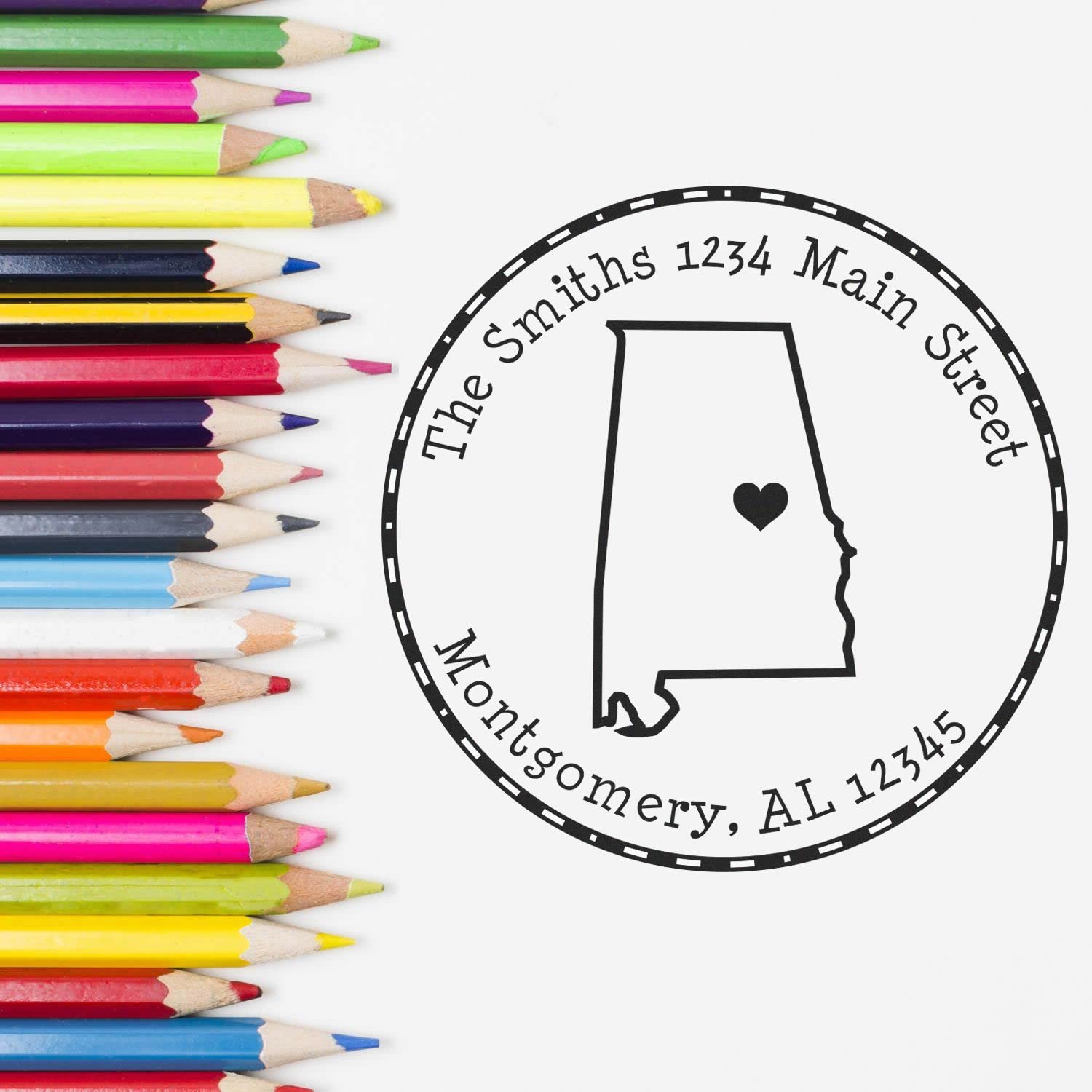 Alabama Return Address Stamp, Round Self Inking Personalized, 1-5/8" Imprint Size Alabama State Luv Stamper, Available in 11 Ink Colors - Image 4