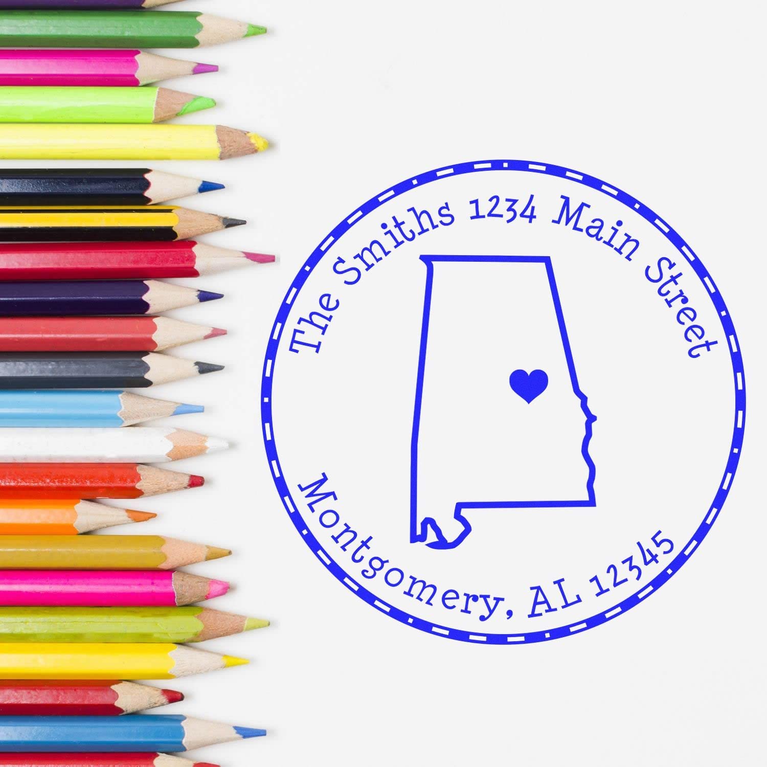 Alabama Return Address Stamp, Round Self Inking Personalized, 1-5/8" Imprint Size Alabama State Luv Stamper, Available in 11 Ink Colors - Image 5