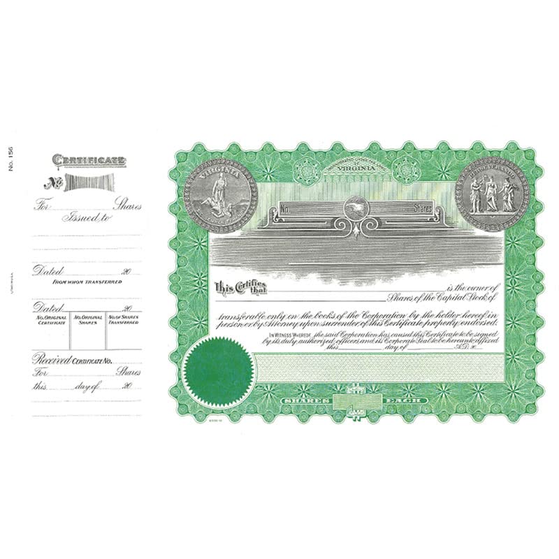 Goes 156 Virginia Stock Certificate, Stock Certificate for Virginia, Size 8-1/2" x 15", Printable, Laser or Ink Jet Compatiable (Pack of 5)