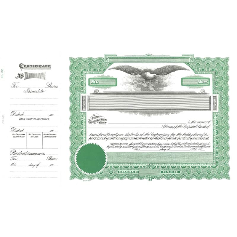 Goes 196 Capital Stock Certificate, Goes Stock Certificate, Size 8-1/2" x 15", Printable, Laser or Ink Jet Compatiable (Pack of 5)