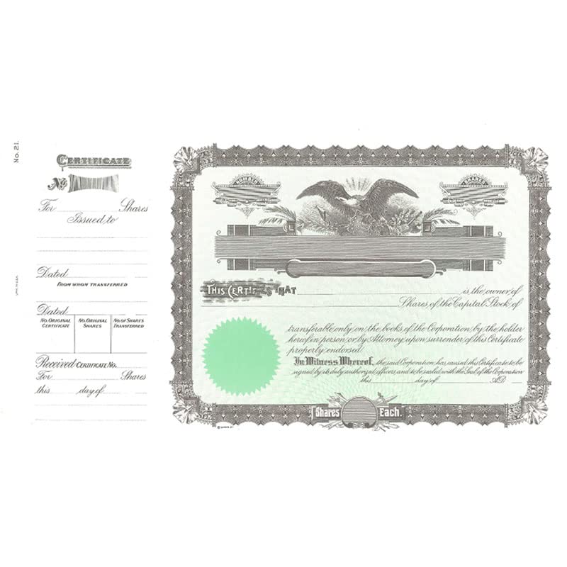 Goes 21 Company Stock Certificate, Blank Stock Certificates for Corporation, Size 8-1/2" x 15", Printable, Laser or Ink Jet Compatiable (Pack of 5)
