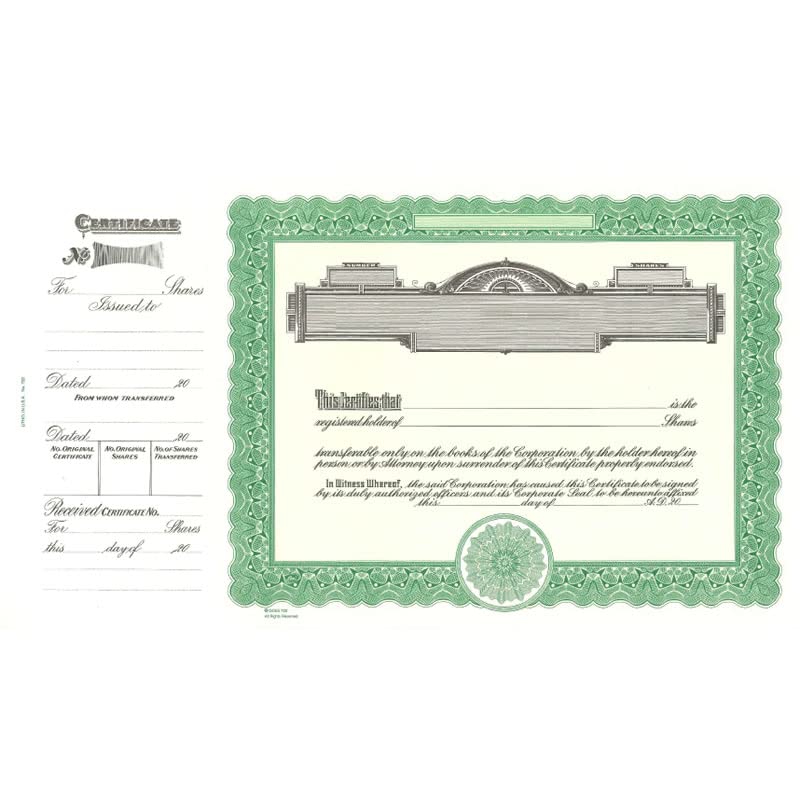 Goes 722 Stock Certificate, Company Stock Certificate, Size 8-1/2" x 15", Printable, Laser or Ink Jet Compatiable (Pack of 5)