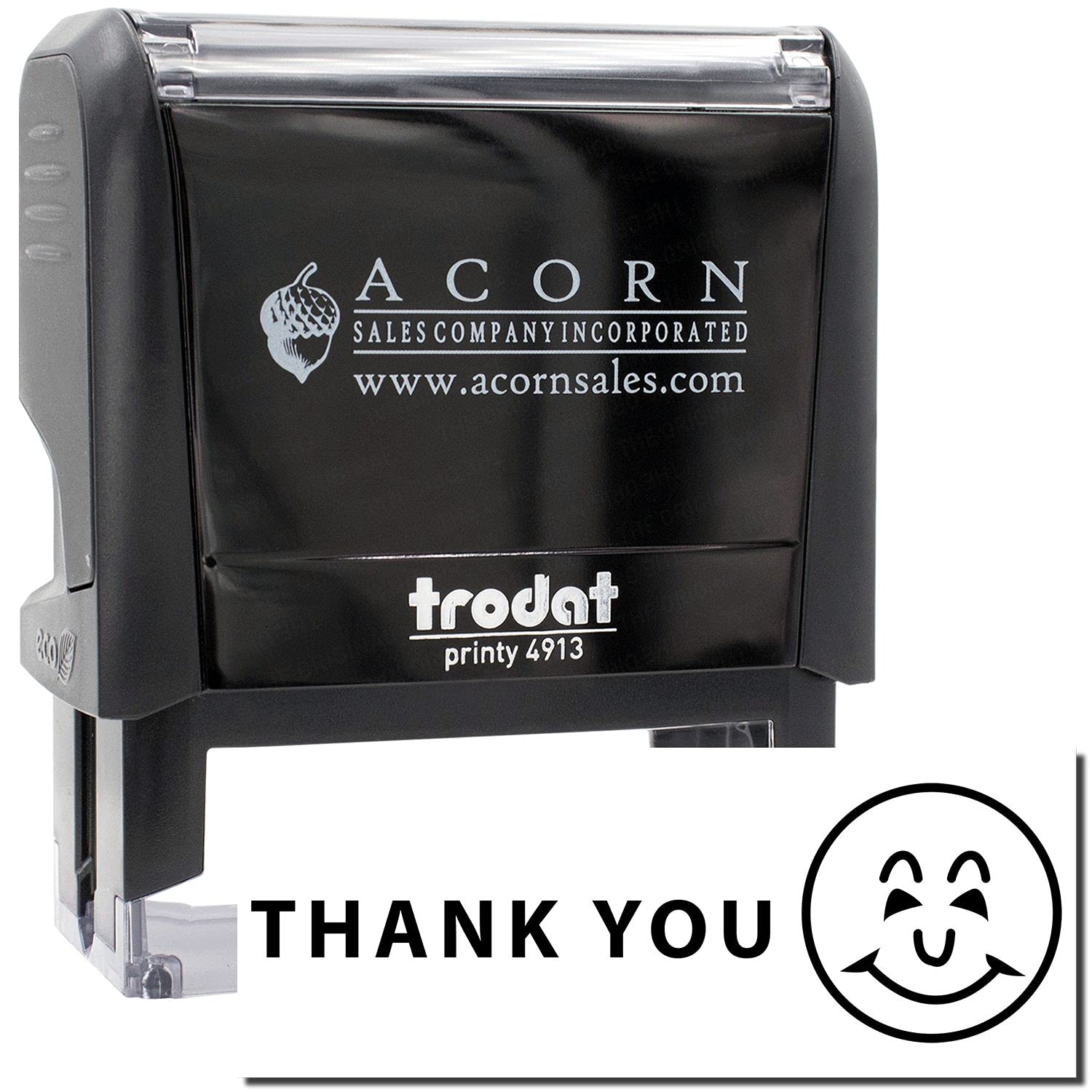 Large Self-Inking Thank You with Smiley Stamp, Business Office Supplies, Up to 5K Imprints, Reinkable, Easy Press and Print Stamping, Size Approx 3/4" x 2-1/4", Clear Base - Image 2