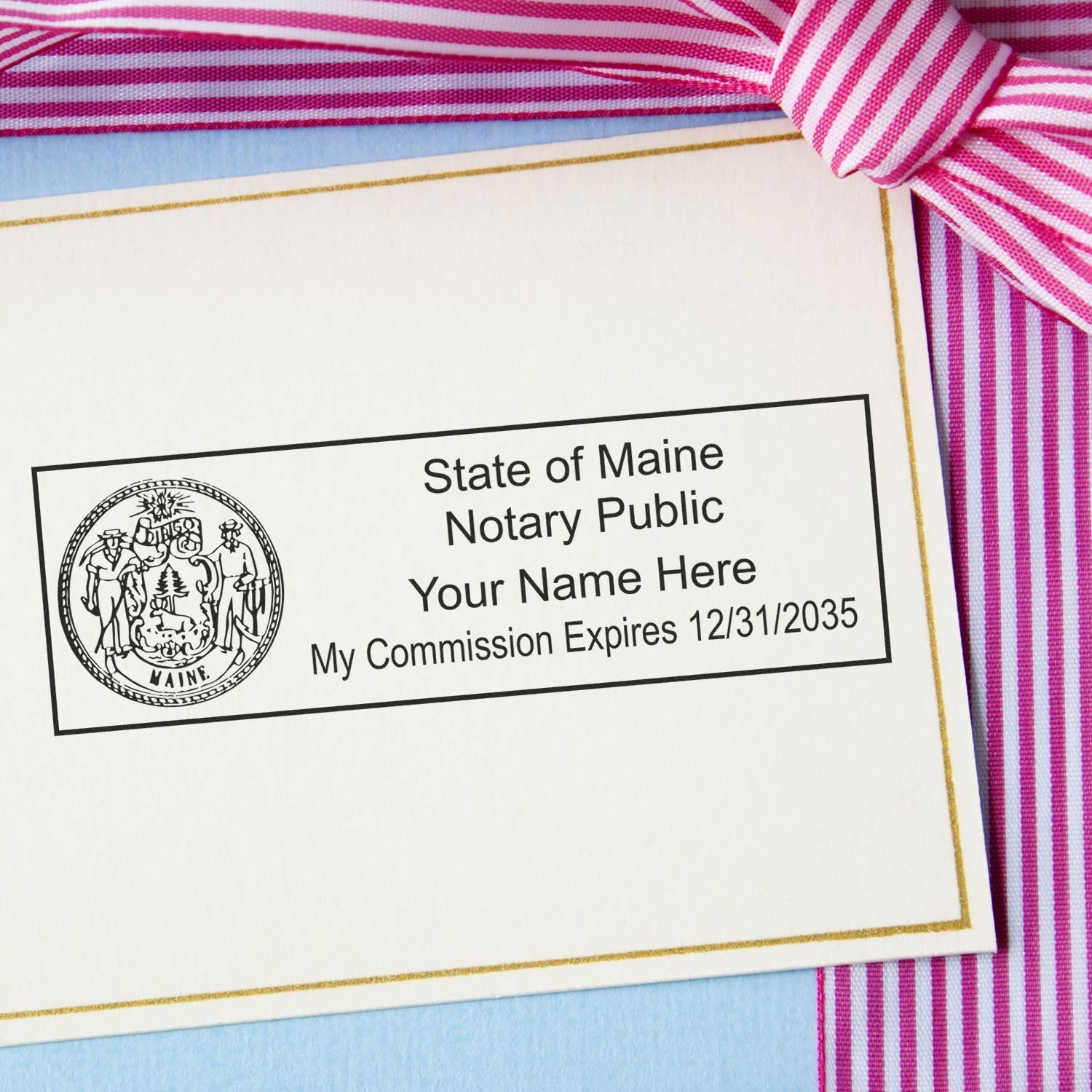 Maine State Seal Notary Stamp, ME Notary Stamp, State Board Approved, Economical Wood Handle Rubber Stamp, Uses Stamp Pad, Rectangular Shape, Sized 7/8" x 2-1/4", Maine Notary