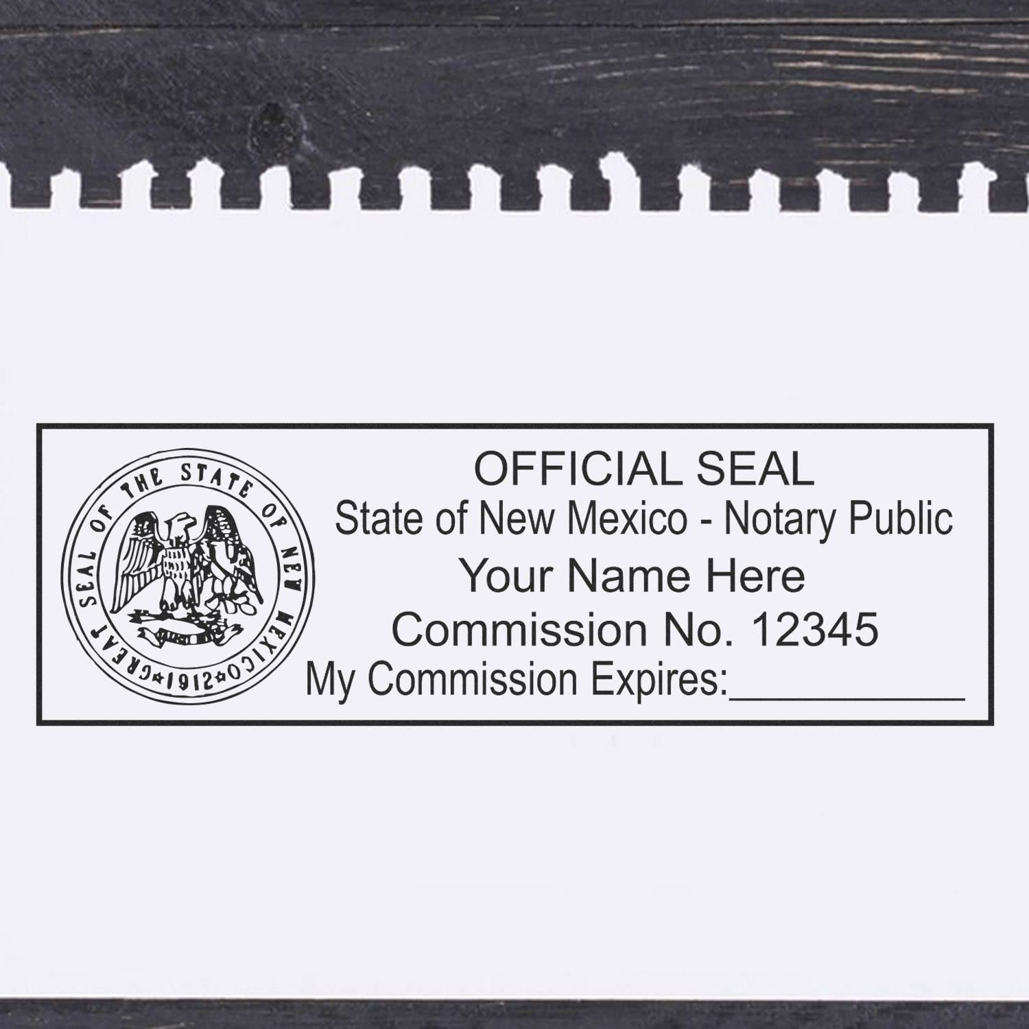New Mexico State Seal Notary Stamp, NM Notary Stamp, State Board Approved, Economical Wood Handle Rubber Stamp, Uses Stamp Pad, Rectangular Shape, Sized 7/8" x 2-1/4", New Mexico Notary