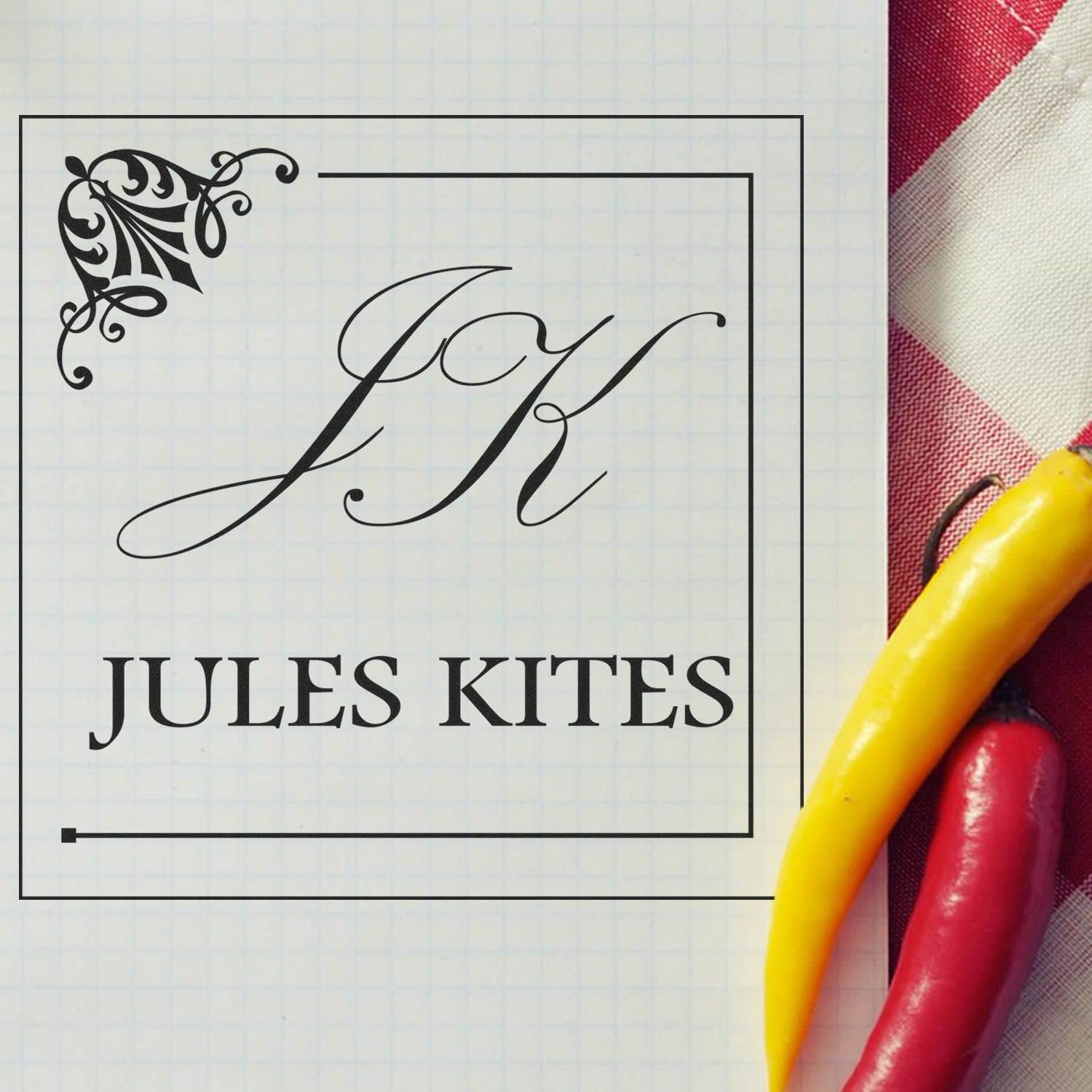 Pre-Inked Palace Script Name Stamp Customized, DIY Wedding, Square Design, Name & Monogram, 1-5/8" Size, Available in 5 Ink Colors, PSI 4141 Mount