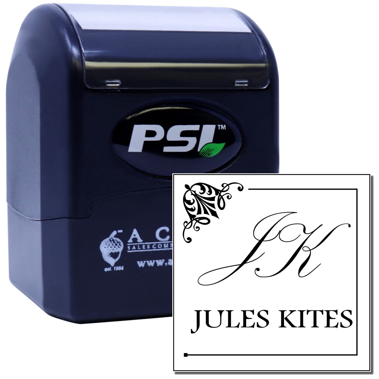 Pre-Inked Palace Script Name Stamp Customized, DIY Wedding, Square Design, Name & Monogram, 1-5/8" Size, Available in 5 Ink Colors, PSI 4141 Mount - Image 2