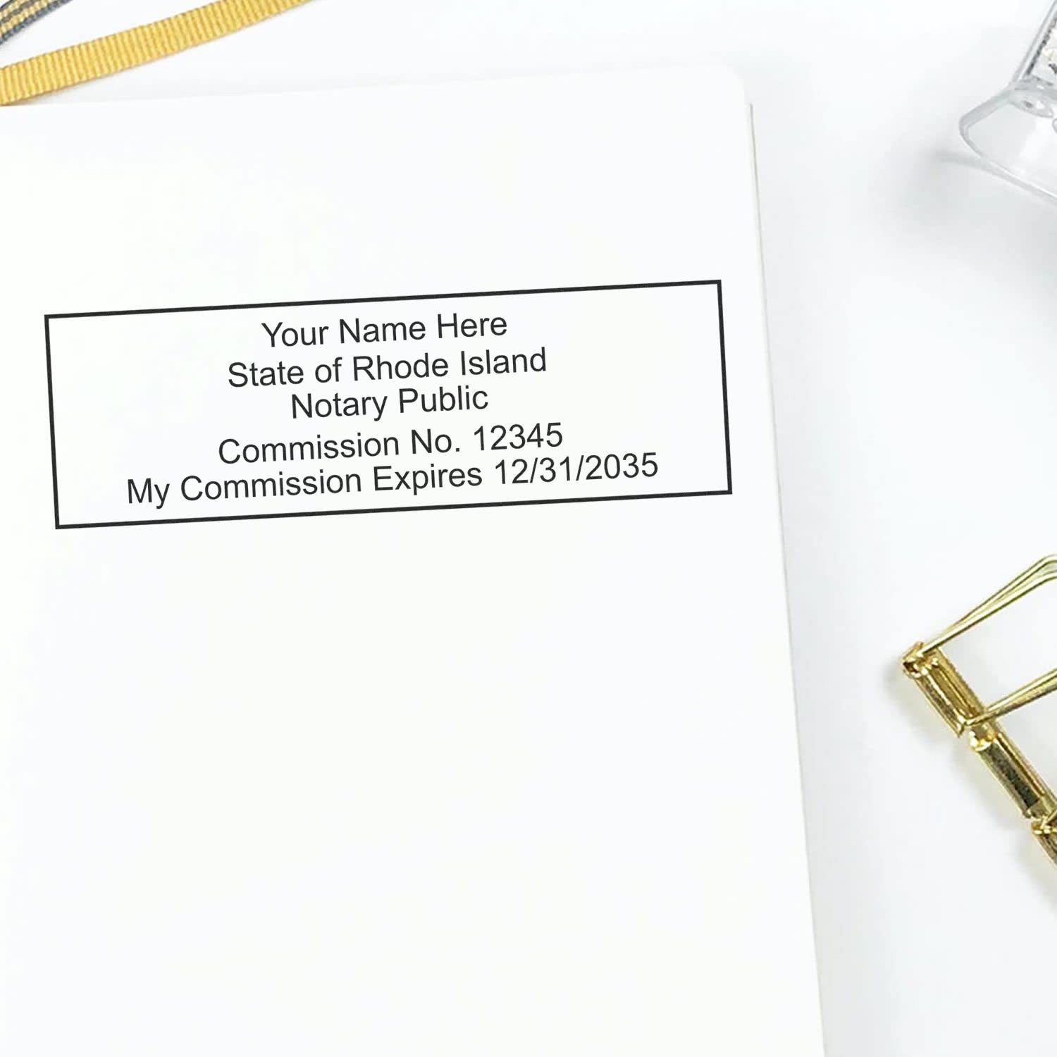 Rhode Island Rectangular Notary Stamp, RI Notary Stamp, State Board Approved, Economical Wood Handle Rubber Stamp, Uses Stamp Pad, Rectangular Shape, Sized 7/8" x 2-1/4", Rhode Island Notary