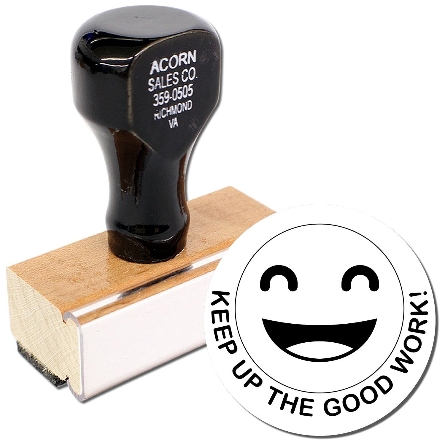 Round Keep up The Good Work Smiley Rubber Stamp, Perfect for Teachers, Wooden Handle Rubber Stamp, Uses Stamp Pad, Imprint Size Approx 7/8" Diameter, Laser Engraved, USA Made - Image 2
