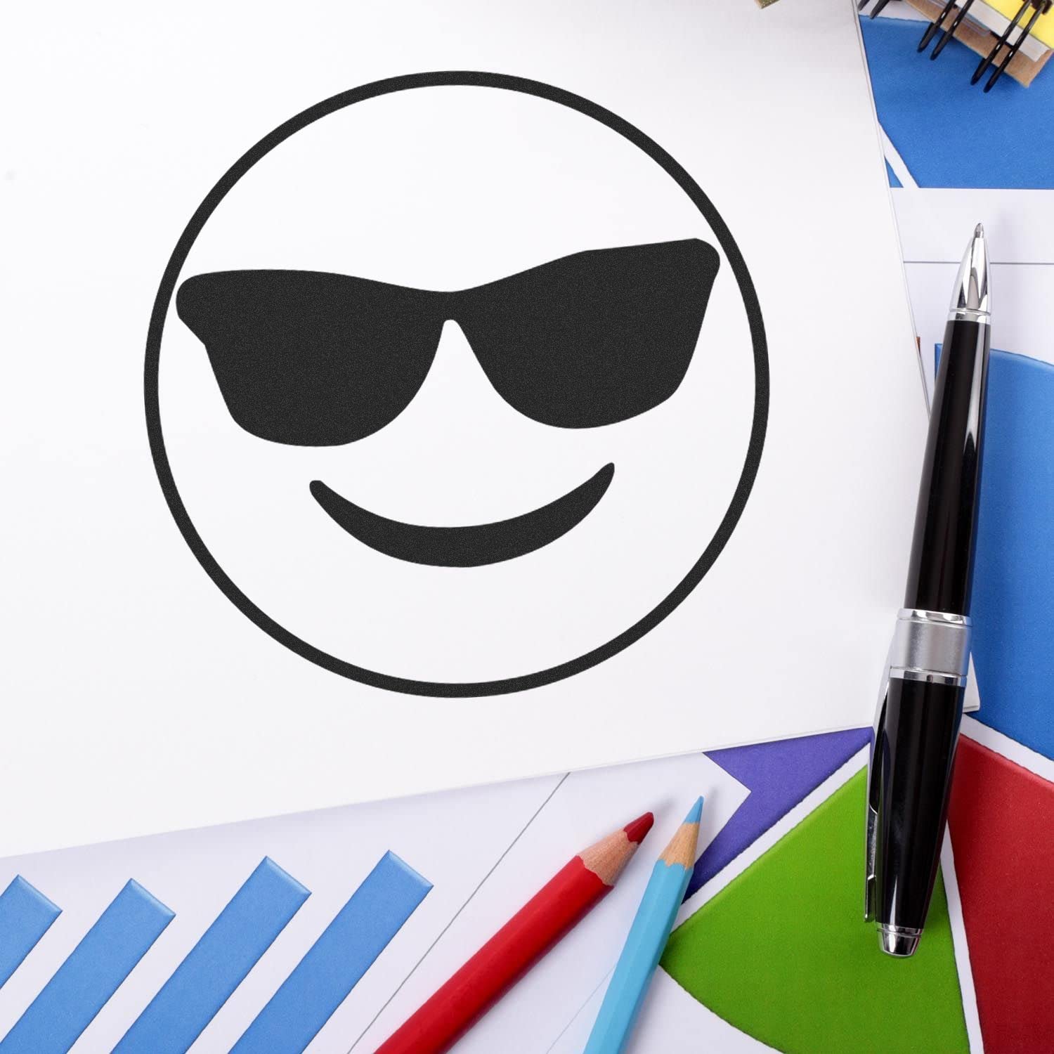 Round Smiley with Sunglasses Rubber Stamp, Teacher Stamps for Grading, Wooden Handle Rubber Stamp, Uses Stamp Pad, Imprint Size Approx 7/8" Diameter, Laser Engraved, USA Made