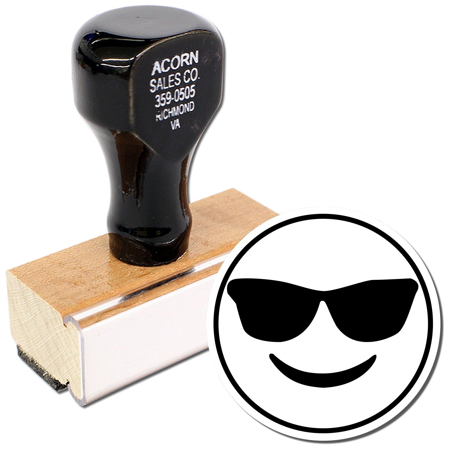 Round Smiley with Sunglasses Rubber Stamp, Teacher Stamps for Grading, Wooden Handle Rubber Stamp, Uses Stamp Pad, Imprint Size Approx 7/8" Diameter, Laser Engraved, USA Made - Image 2