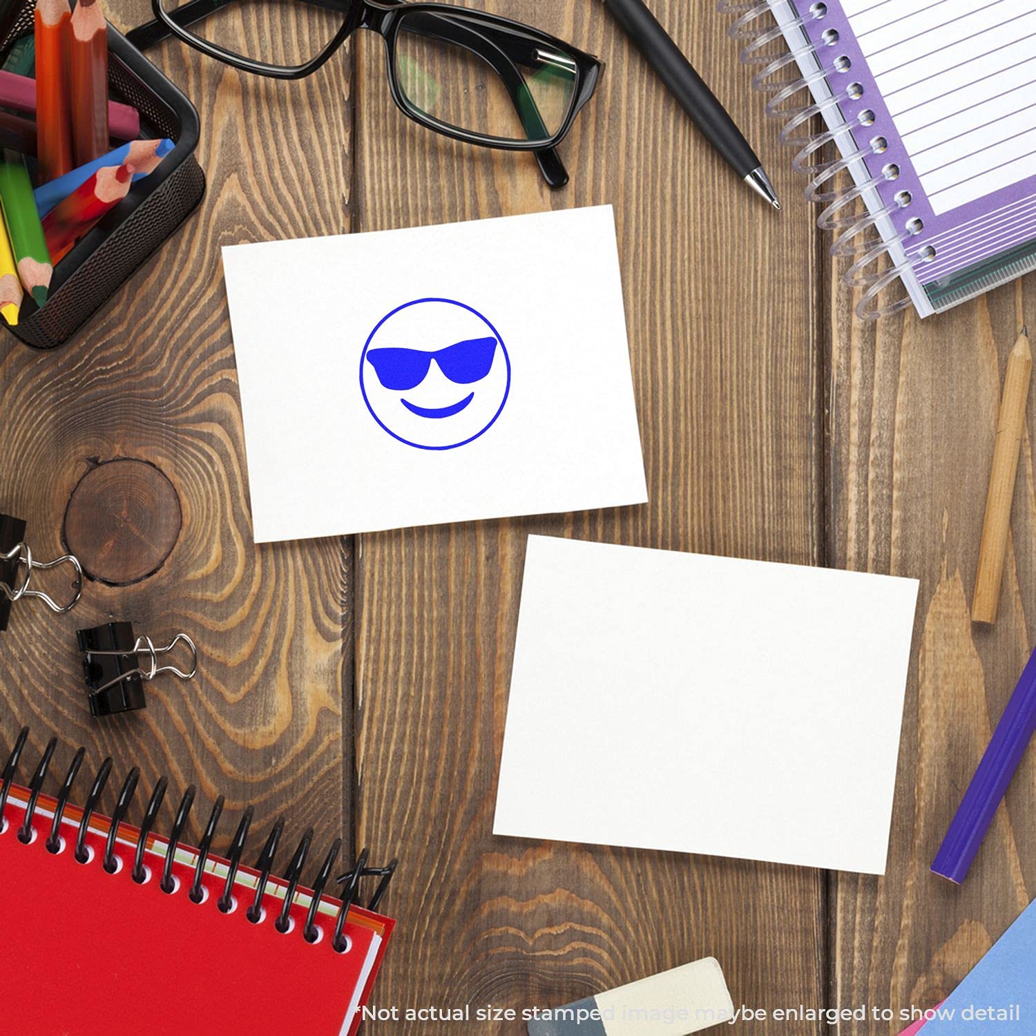 Round Smiley with Sunglasses Rubber Stamp, Teacher Stamps for Grading, Wooden Handle Rubber Stamp, Uses Stamp Pad, Imprint Size Approx 7/8" Diameter, Laser Engraved, USA Made - Image 4