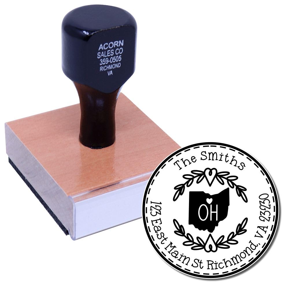 Round State Love Return Address Stamp for Ohio, Use with Stamp Pad, Wood Handle Ohio Address Stamp, Size 1-5/8" - Image 2
