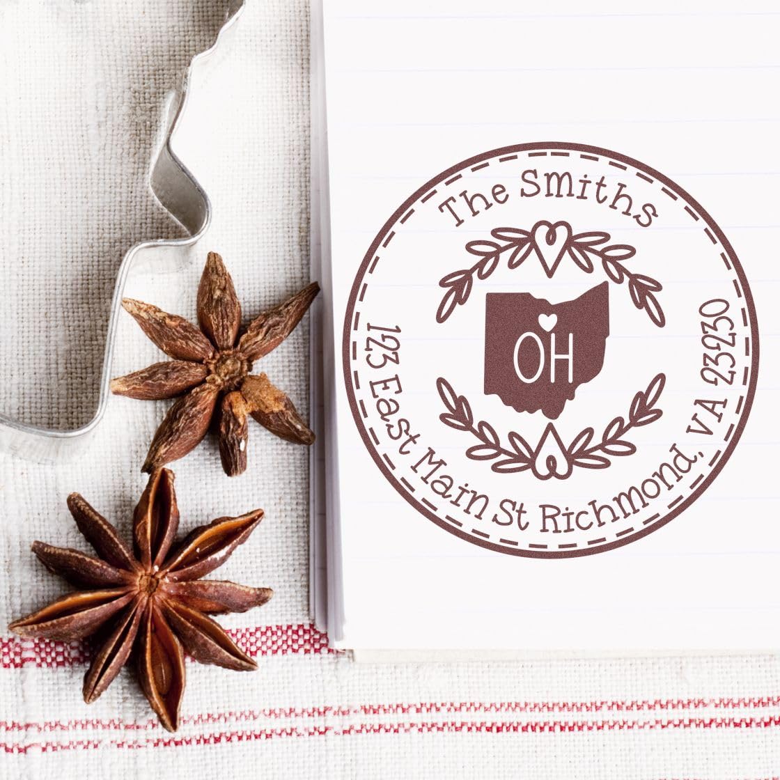 Round State Love Return Address Stamp for Ohio, Use with Stamp Pad, Wood Handle Ohio Address Stamp, Size 1-5/8" - Image 4