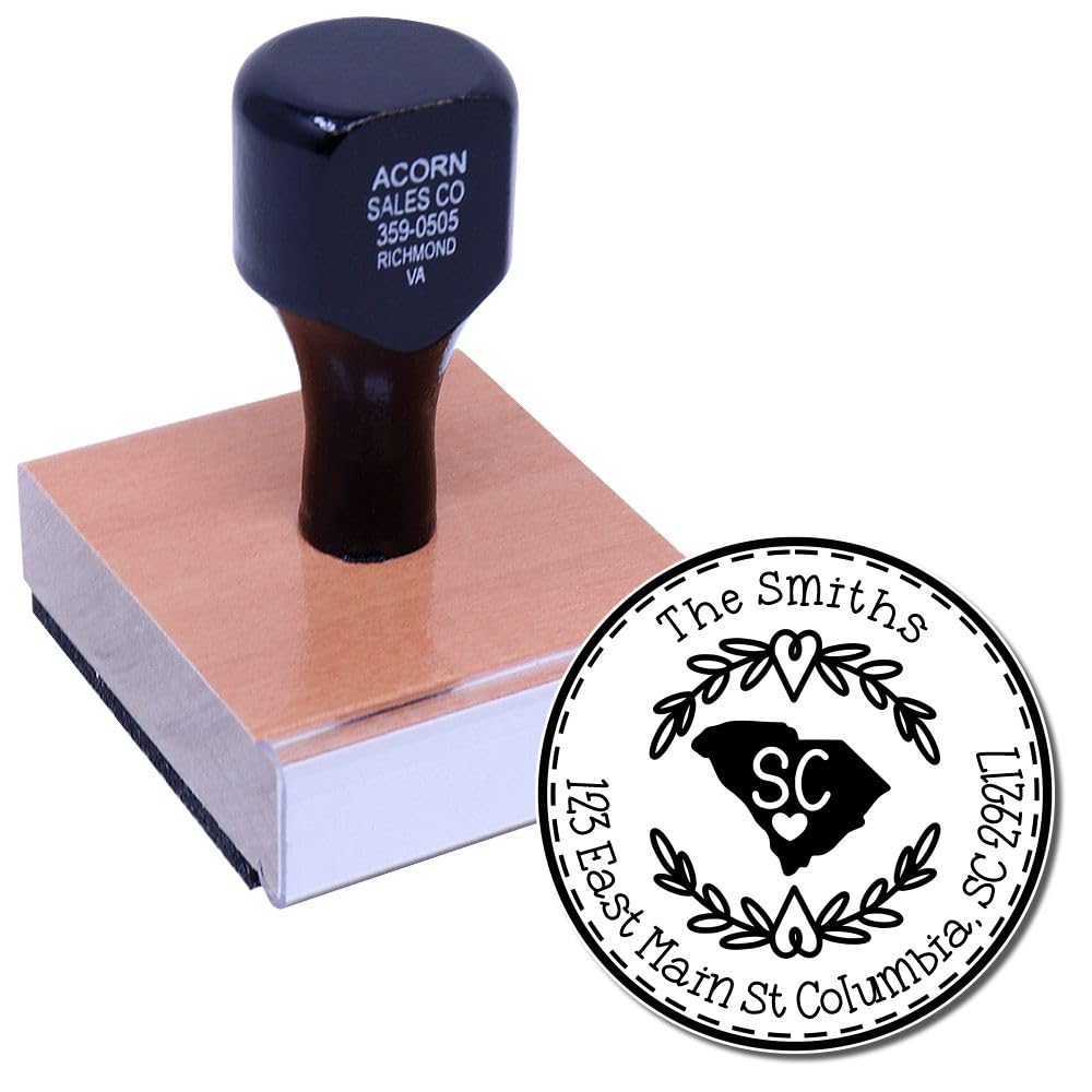 Round State Love Return Address Stamp for South Carolina, Use with Stamp Pad, Wood Handle South Carolina Address Stamp, Size 1-5/8" - Image 2