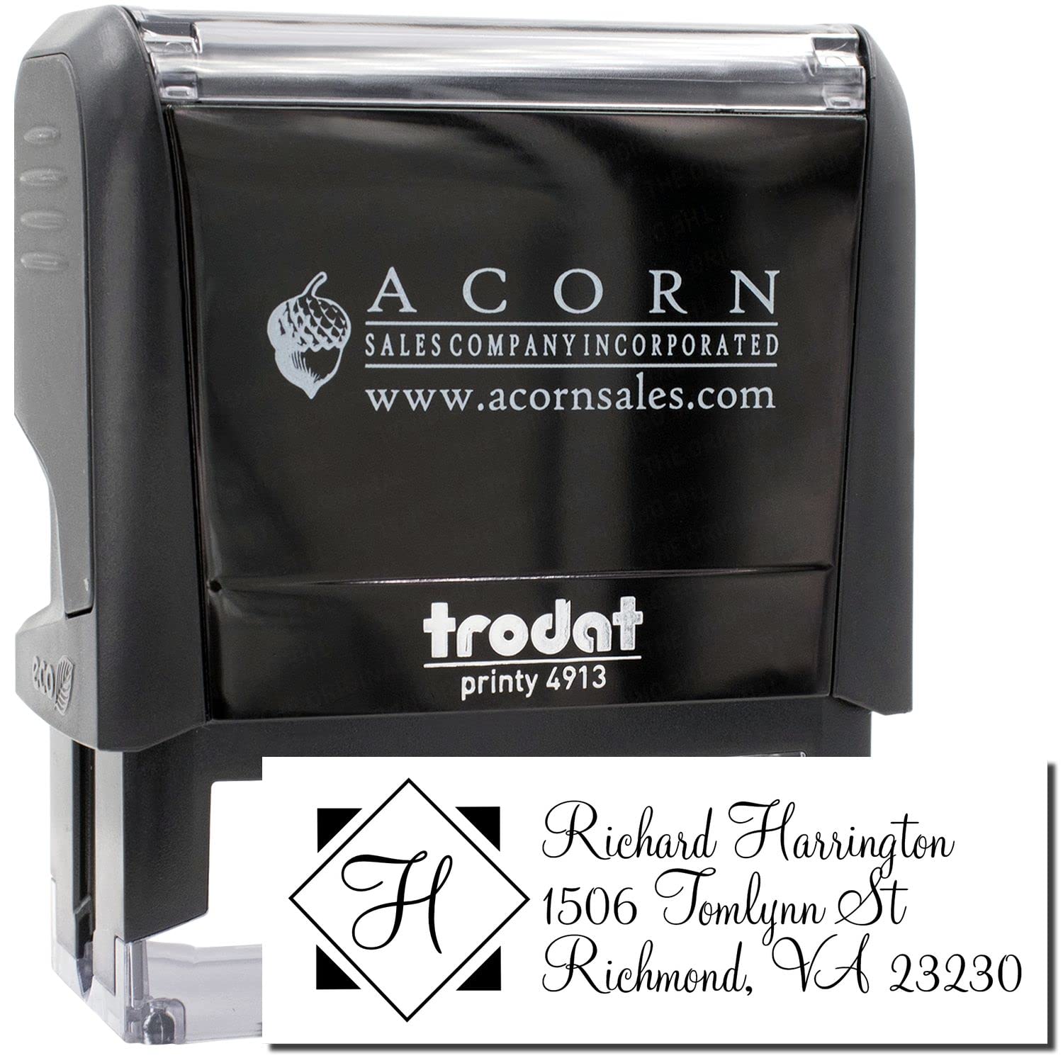 Self-Inking Diamond Monogram Address Stamper, Custom Made Family Address Stamp, Housewarming Gift, Press and Print Stamping, Up to 10,000 Impressions, Re-Inkable, Your Choice of 11 Ink Colors, Size 7/8" x 2-1/4" - Image 2