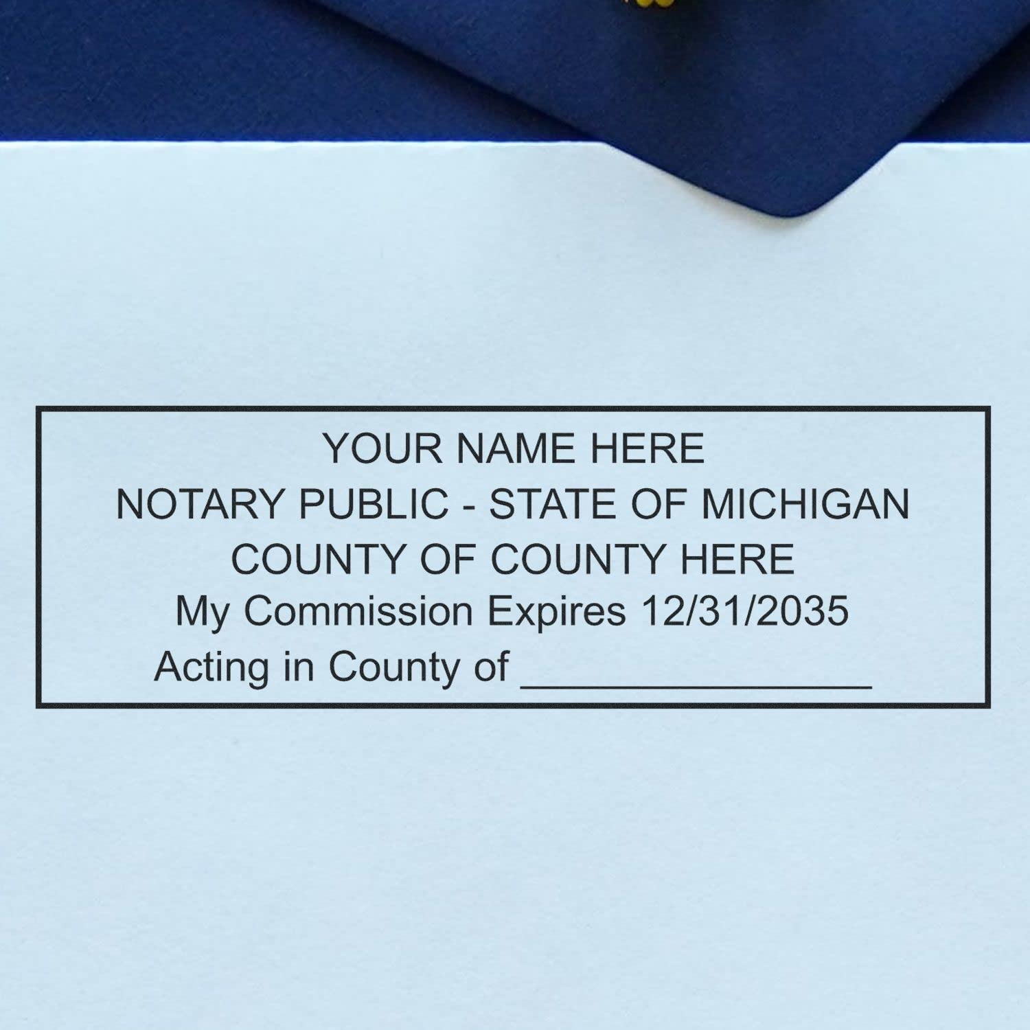 Michigan Rectangular Notary Stamp, MI Notary Stamp, State Board Approved, Economical Wood Handle Rubber Stamp, Uses Stamp Pad, Rectangular Shape, Sized 7/8" x 2-1/4", Michigan Notary