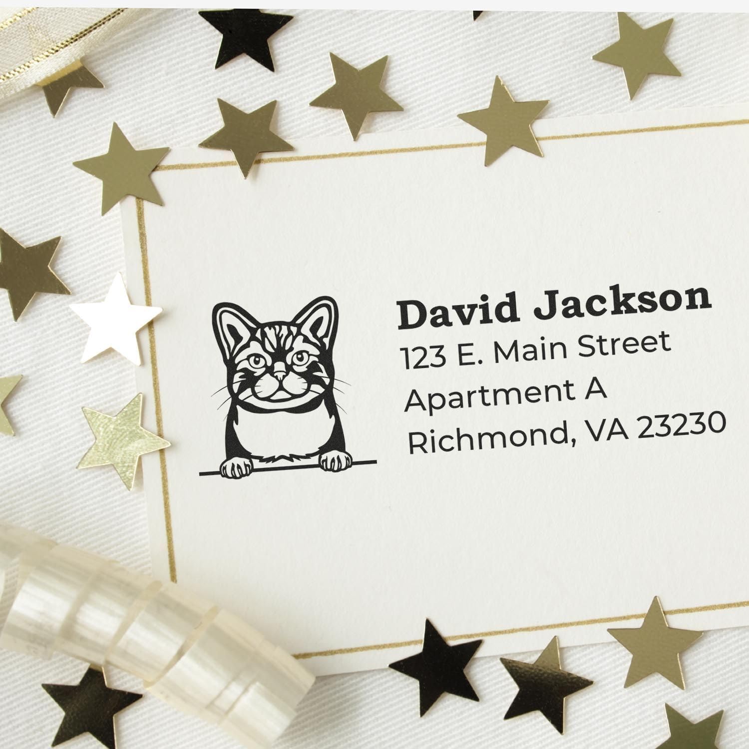 Self-Inking Peeking American Wirehair Cat Custom Address Stamp, Cat Lover Gift, Available in 11 Ink Colors, Rectangular Design, Size 7/8" x 2-1/4"