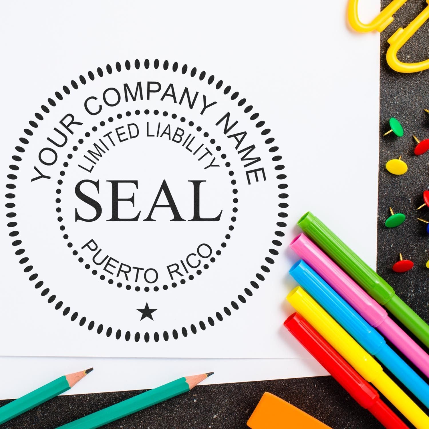 Self-Inking Puerto Rico Limited Liability Company Seal Stamp, 1-5/8 Diameter, Up to 10K Imprints, Reinkable, Company Stamp for PR, Customized LLC Corporation Ink Stamp, Stamp Self-Ink, PR Stamp