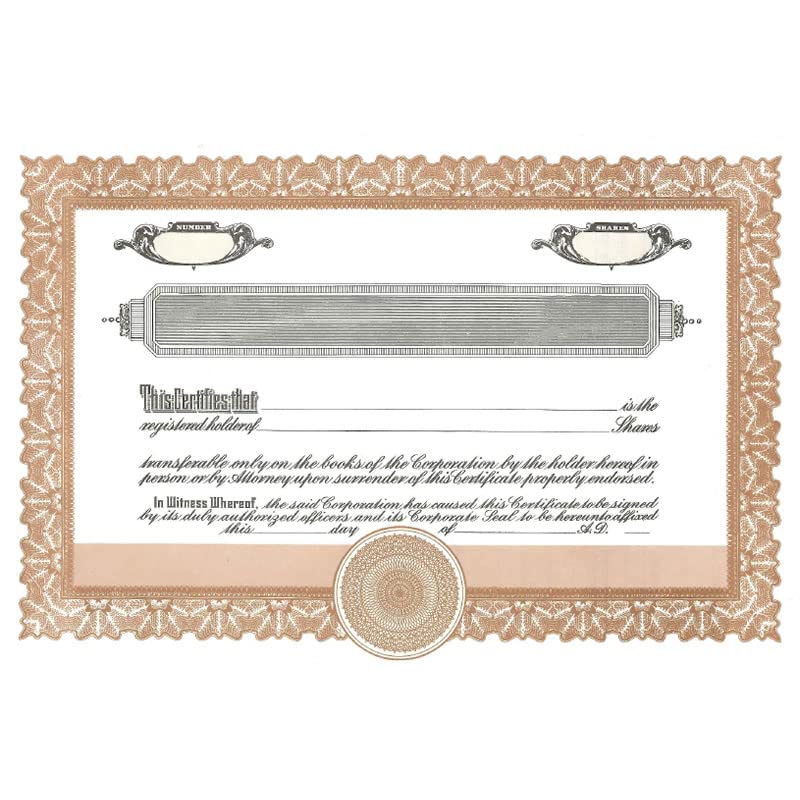 Short Form Brown Stock Certificate, Certificate Stock, Size 8-1/2" x 11", Printable, Laser or Ink Jet Compatiable (Pack of 5)