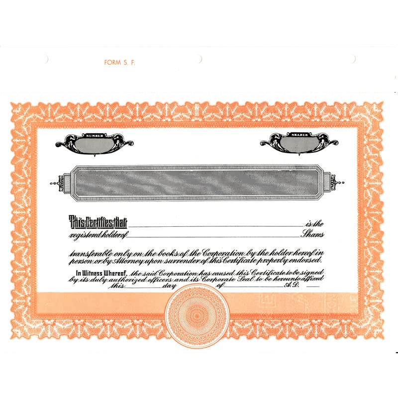 Short Form Orange Stock Certificate, Certificate Paper Stock, Size 8-1/2" x 11", Printable, Laser or Ink Jet Compatiable (Pack of 5)