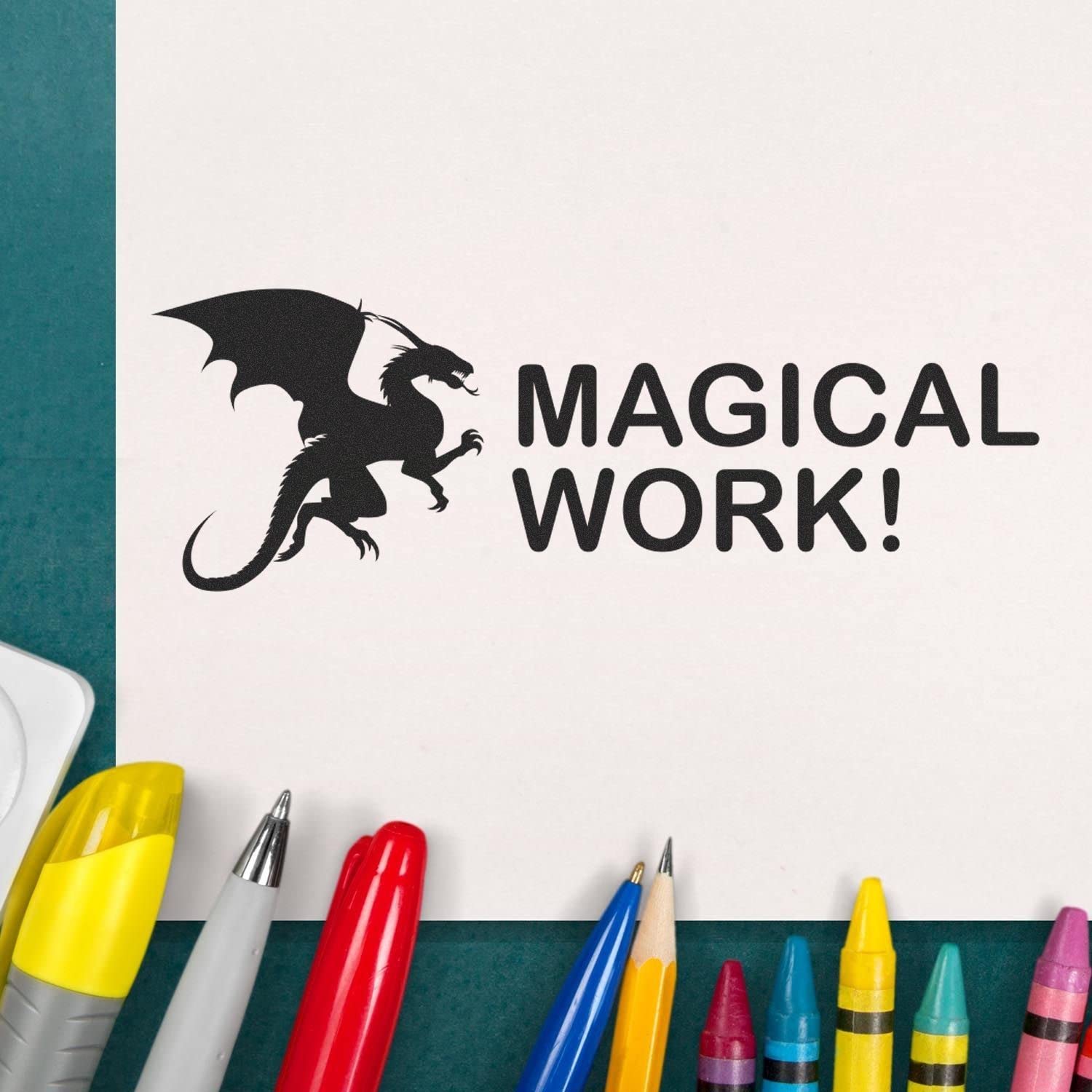 Slim Pre-Inked Dragon Magical Work Stamp, Teacher Supplies, Slim Design, Portable, Easy to Carry, Size Approx 1/2" x 1-1/2", Avail in 5 Ink Colors, Reinkable