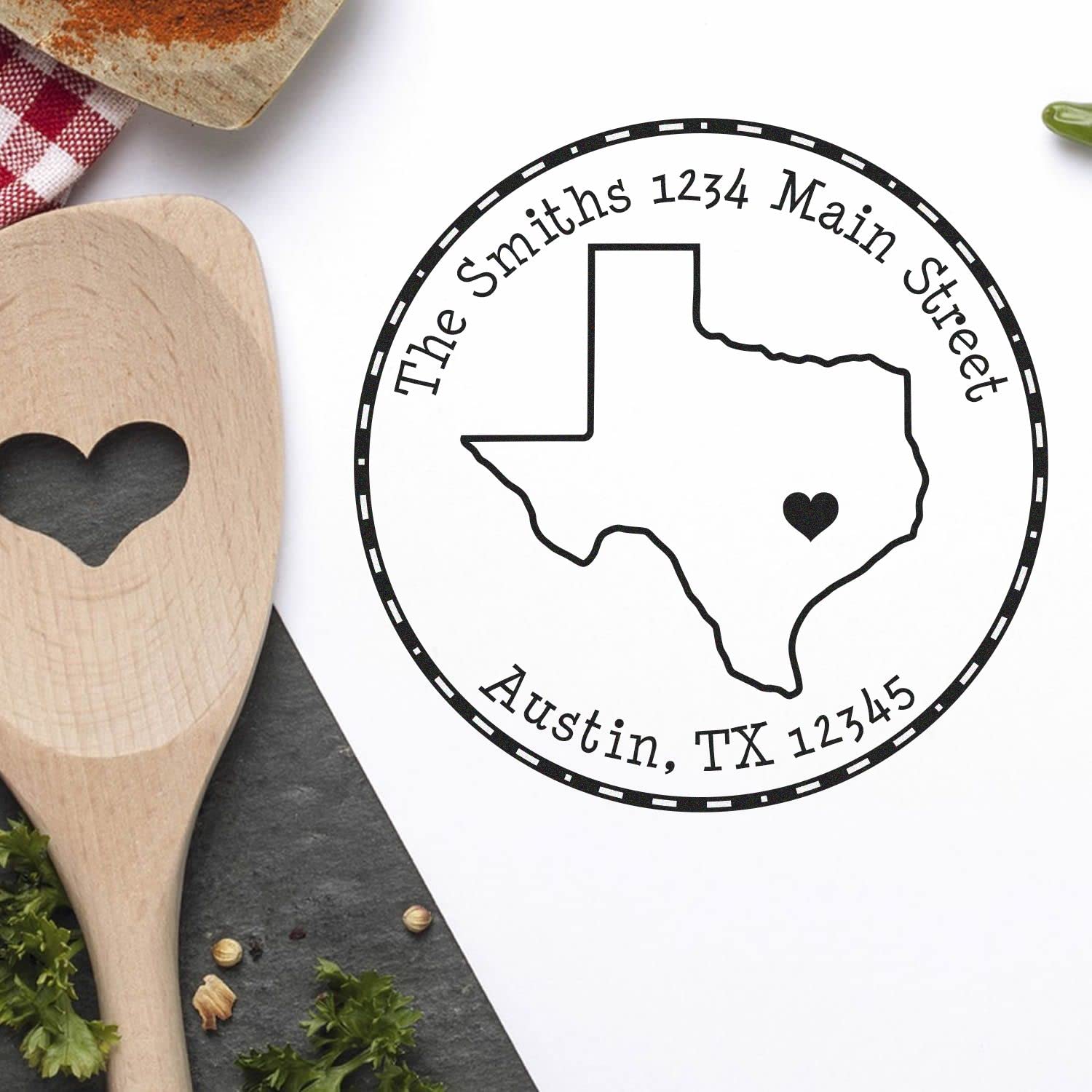 Texas Return Address Stamp, Round Self Inking Customized, 1-5/8" Imprint Size Texas State Luv Stamper, Available in 11 Ink Colors