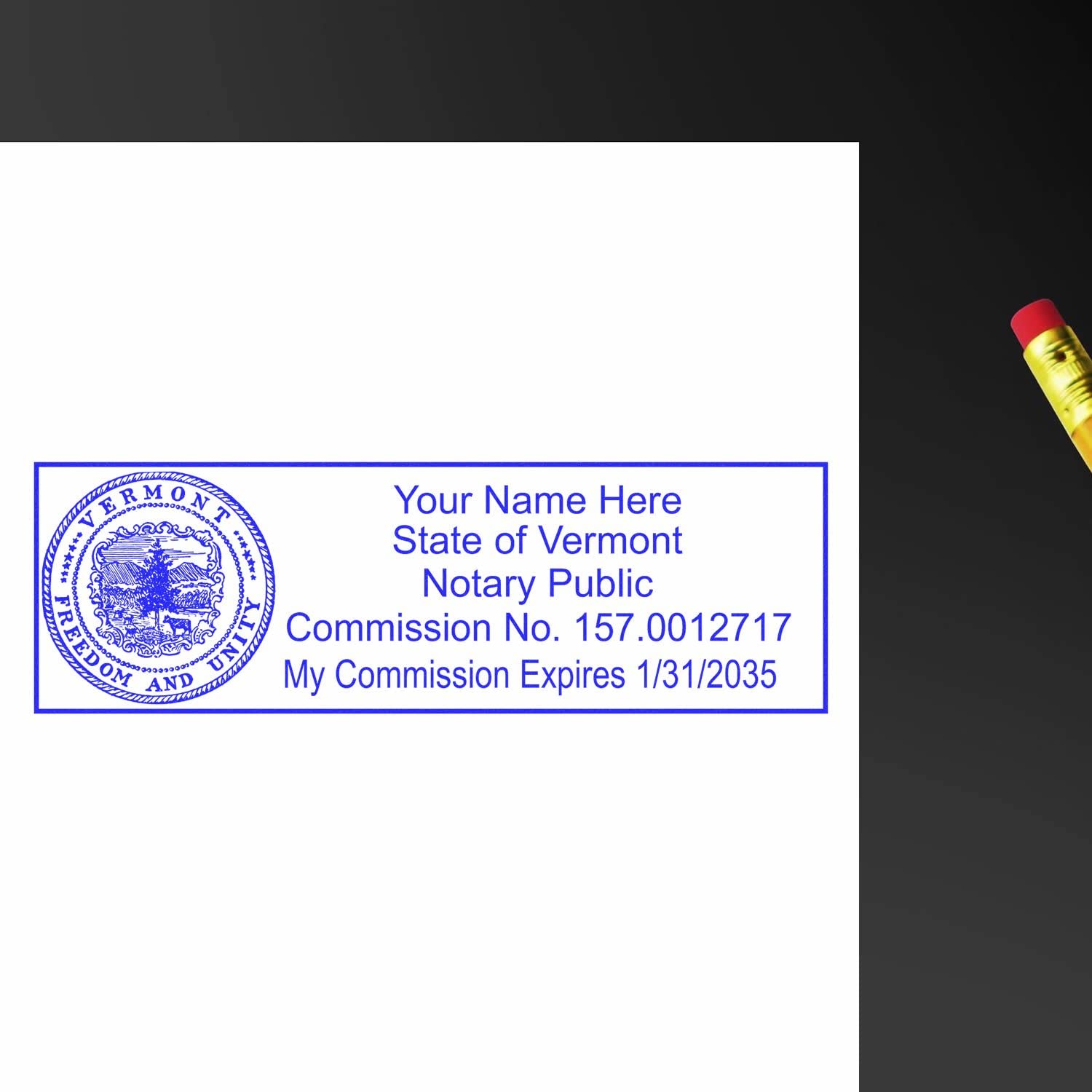 Vermont State Seal Notary Stamp, VT Notary Stamp, State Board Approved, Economical Wood Handle Rubber Stamp, Uses Stamp Pad, Rectangular Shape, Sized 7/8" x 2-1/4", Vermont Notary - Image 4