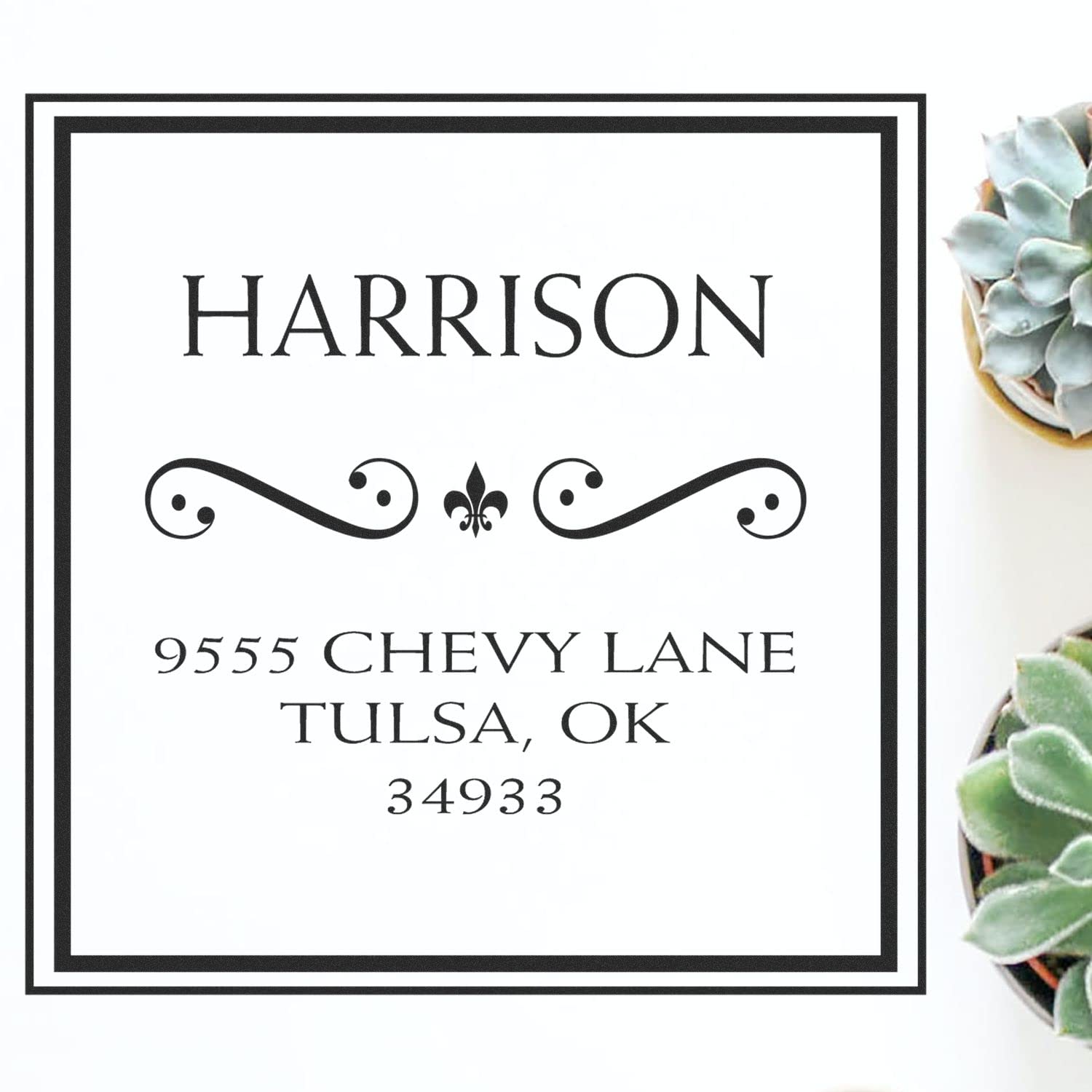 Weiss Fleur de Lis Address Stamper Self Inking, Square Address Stamp, Simple Design, Envelope Stamp, Square Design, 1-5/8" Imprint Size, Press and Print Stamping, Custom Made
