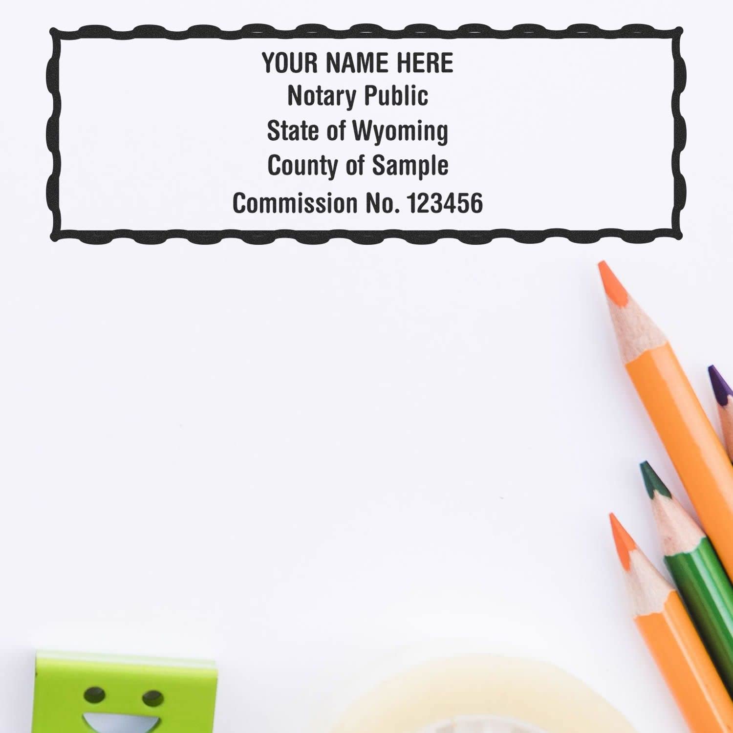 Wyoming Rectangular Notary Stamp, WY Notary Stamp, State Board Guaranteed, Economical Wooden Handle Stamp, Uses Stamp Pad, Rectangular Shape, Sized 7/8" x 2-1/4"